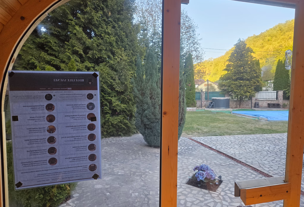 Vedere din interiorul saunei spre curte și munții Moneasa